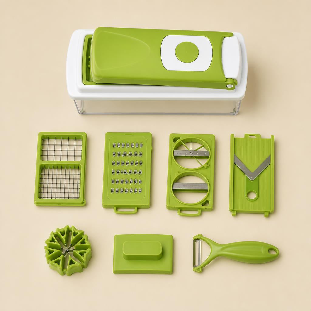 Kit completo del cortador de verduras: recipiente con tapa, placas de cuchillas, cortador de gajos, protector y pelador