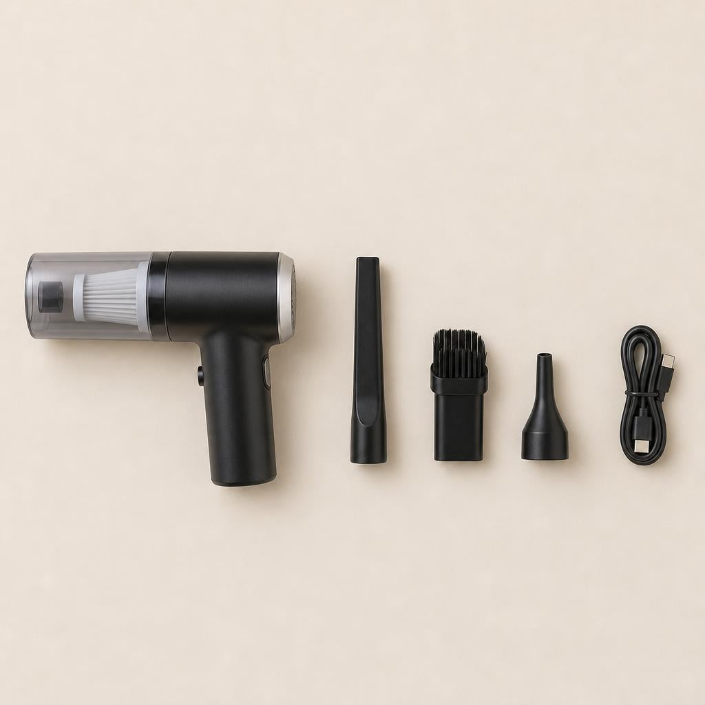 Kit completo de la aspiradora de mano: aspiradora, boquilla larga, boquilla de cepillo, boquilla de soplado y cable USB tipo C