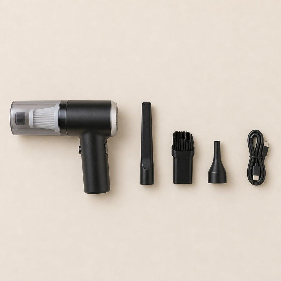 Kit completo de la aspiradora de mano: aspiradora, boquilla larga, boquilla de cepillo, boquilla de soplado y cable USB tipo C