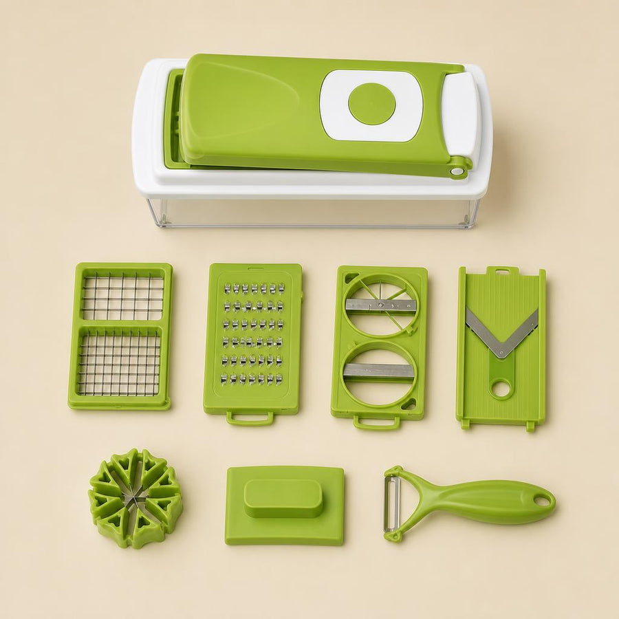 Kit completo del cortador de verduras: recipiente con tapa, placas de cuchillas, cortador de gajos, protector y pelador